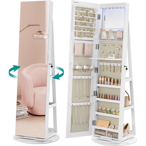 Armoire à Bijoux avec Miroir sur Pieds, Verrouillable, avec 6 LED, Rangement Bijoux Pivotant 360°, Miroir Psyché sans Cadre, 3 Étagères, Surface en Blanc, Doublure en Grège JJC007W02 (1/5)