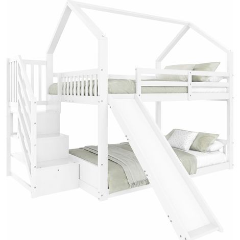 Lit Mezzanine Lit Double avec Escalier de Rangement, Toboggan et Barrières 140×200 cm, sans Matelas, Blanc (1/4)