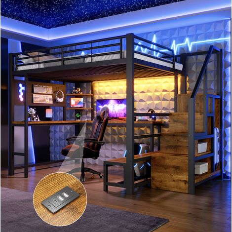 Hochbett (255 x 145.5 x 170 cm), mit Schreibtisch, Lochwand, Regalen, Leiter mit Stauraum, LED Beleuchtung, Metall und MDF, Schwarz (1/5)