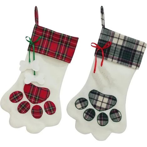 Lot de 2 chaussettes de Noël pour animaux, motif empreintes de pattes, à carreaux, pour chiens et chats, à suspendre (1/5)