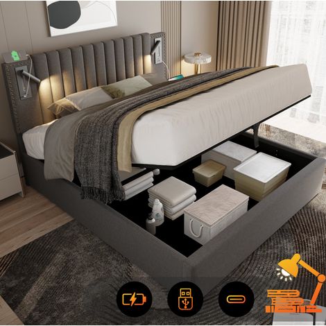 Letto imbottito vintage 160x200 cm in cotone grigio, testiera regolabile con luce lettura USB e vano contenitore