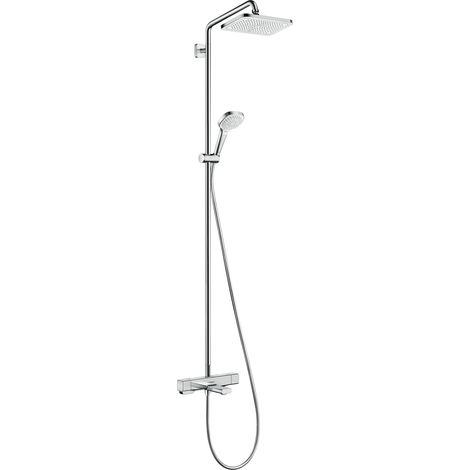 Colonne de douche avec mitigeur thermostatique de baignoire, douche pluie (280 x 170 mm) avec robinet, douchette (3 jets), support, flexible, barre et douche de tête carrée, Chromé (1/5)