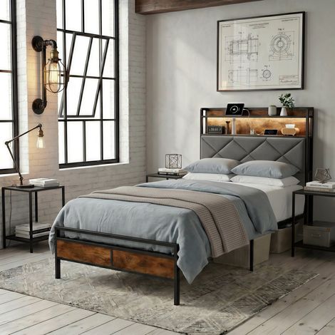 Letto singolo 90x200 cm con testiera a LED e porte USB - Struttura in metallo e legno di noce, rete a doghe, letto per ragazzi