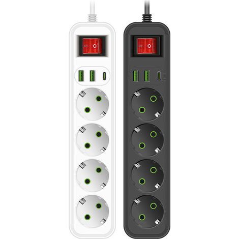 Zweiteilige Steckdosenleiste mit 4 Steckdosen, Schalter, Flachstecker, 4-fach Steckdosenblock, 2 m Verlängerungskabel, USB-Anschluss, 230 V, schwarz-weiß (1/5)