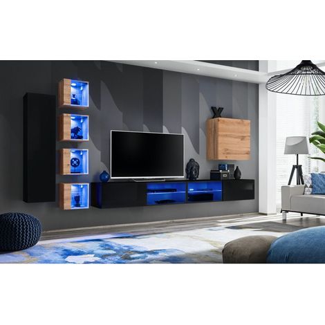 Ensemble meuble TV mural Switch XXVI - L 320 x P 40 x H 150 cm - Marron et noir - Livraison gratuite