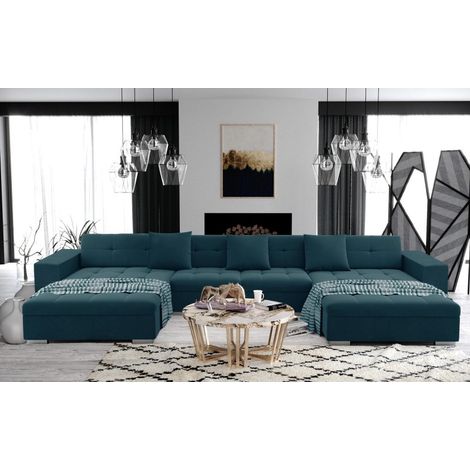 Tendencio – Canapé d’angle panoramique 6 places en tissu 100% polyester – Longueur 390 cm – Confort optimal avec assises capitonnées – Fabrication européenne