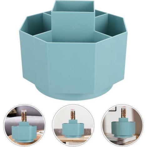 Boîte De Rangement - Organisateur Rotatif Pour Stylos - Bureau Étudiant Professionnel - 14x13cm - Bleu - 1 Pièce (1/4)
