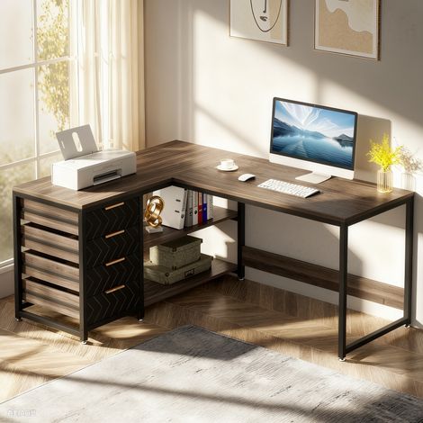 Bureau d'angle réversible en forme de L avec 4 tiroirs et 2 étagères pour Bureau, 155 x 110 x 75 cm,Gris et Noir