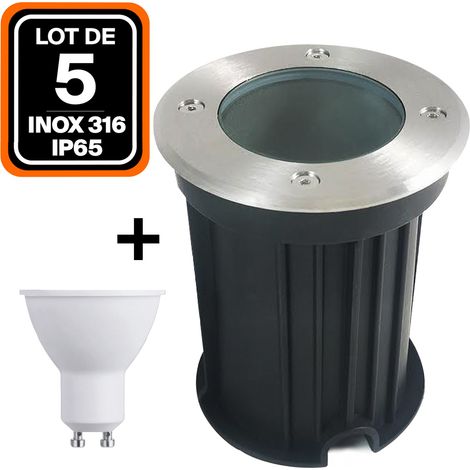 Europalamp – Lot de 5 spots encastrables de sol ronds inox 316 – Étanchéité IP65 – Lumière blanche froide 6000K – Compatible ampoules GU10