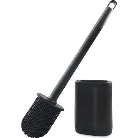 1pc Soft Plastic Toilet Brush, Black Toilet Brush with Flat Brush Head and Plastic Base, Wall-Mounted Silicone Toilet Brush, Hanging Toilet Brush for Bathroom (1/5)