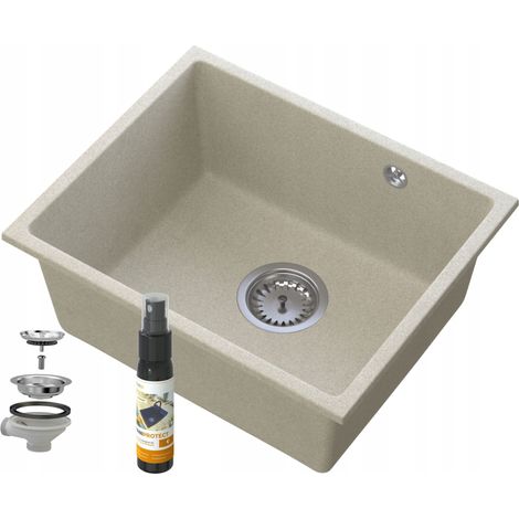 Évier de cuisine en granit Manado 46 × 37.5 cm sous plan beige avec distributeur et siphon (1/5)