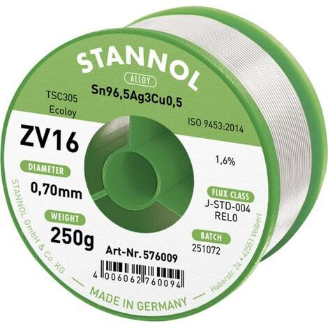 Stannol ZV16 Étain à souder sans plomb sans plomb Sn96,5Ag3Cu0,5 REL0 250 g 0.7 mm (1/3)