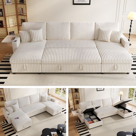 Sofá cama modular U, convertible en cama, con almacenaje, puertos USB y Tipo C, corduroy beige (1/5)