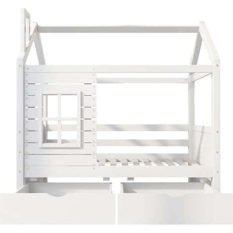 Kinderhausbett 80x160 mit Rausfallschutz, weißes Kiefernholz, Lattenrost und Schubladen (1/5)