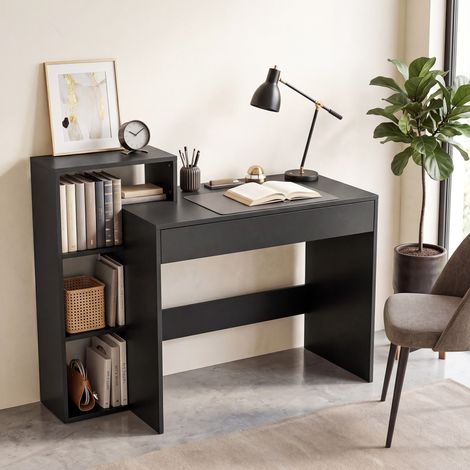 Escritorio moderno para PC con 3 estantes abiertos y cajón, madera negra, 100x40x90 cm
