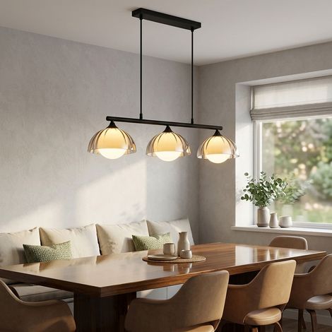 Suspension en verre fumé, verre opale fumé, lampe de salle à manger noire, métal, 3 douilles G9, L x l x H 70 x 20 x 120 cm (1/5)