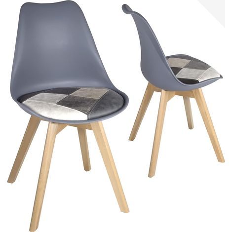 Ensemble de 2 chaises scandinaves, coussin en tissu patchwork, revêtement multicolore, pieds en bois de hêtre, coloris Light Lao (patch floral blanc) (1/5)