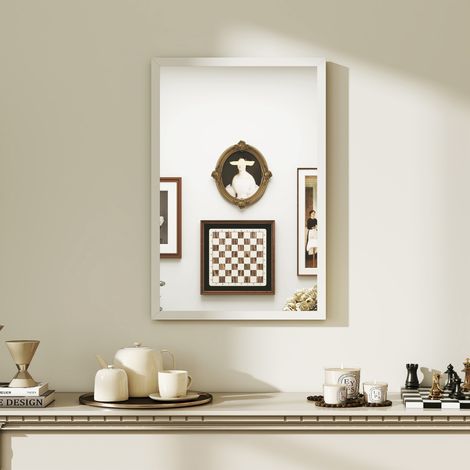 Miroir mural rectangulaire 60 x 40 cm, cadre en bois blanc, idéal pour la salle de bain, salon ou chambre (1/5)