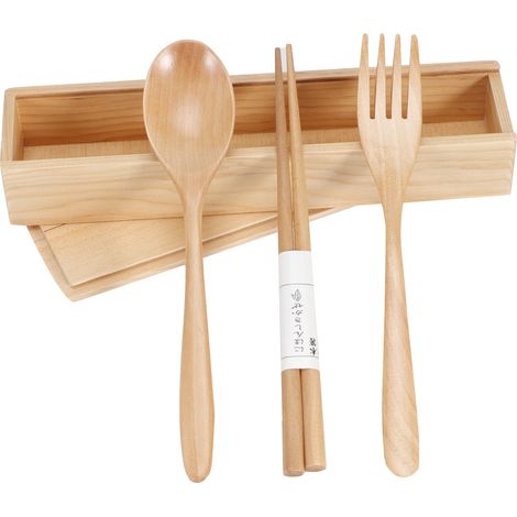 Boîte à couverts portable en bois : baguettes, fourchette, cuillère - set de couverts idéal pour la maison et les voyages (1/5)