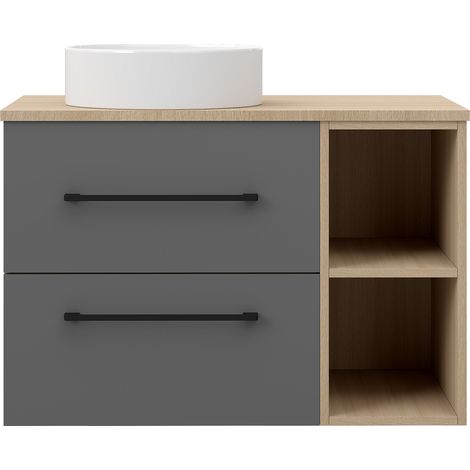 Acezanble 800mm Vanity Unit with Ceramic Basin Wall Hung  Bathroom Cabinet Two Drawers Shelf Grey and Oak