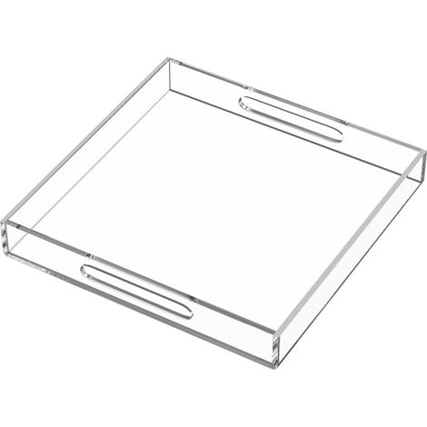 Plateau de service en acrylique 30x30 cm - Anti-déversement - Plateau décoratif transparent avec poignées pour ottoman, table basse, comptoir de café (1/5)