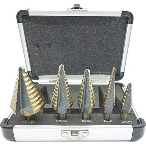 5 Pcs Foret Fraise Meche Etage, Foret Étagé, avec Boîtier en Aluminium Professionnel, Tige Hexagonale, avec Tampon de Centrage Automatique, Perçage Précis Dans L'acier, le Métal (1/5)