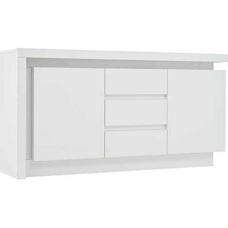 Credenza bianca 140 x 35 x 72 cm con 2 ante, 3 cassetti e LED, ripiani regolabili, finitura lucida (1/5)