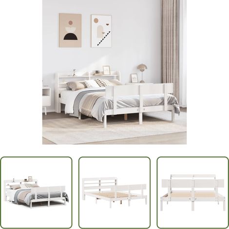 Tête de lit sur pied - Cadre de lit sans matelas blanc 135x190 cm bois de pin massif (1/5)