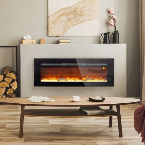 Chimenea eléctrica con soporte de pared y mando a distancia, leños artificiales y cristales, 1800 W de potencia, color negro. (1/5)