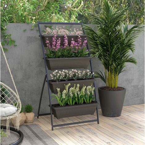 Soporte para plantas de 76x79x162 cm, de 4 niveles, con drenaje, para interior y exterior, acero marrón (1/5)