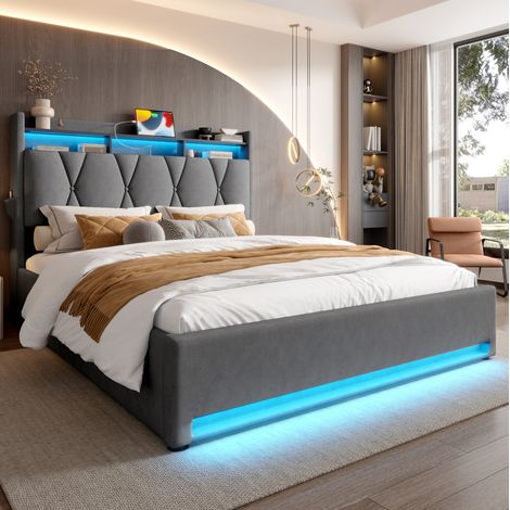 Bett Bettgestell Stauraum 140x200 Samt Dunkelgrau OKMYHOME (1/5)