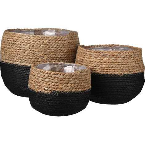 Lot de 3 Paniers à Plantes Artisanaux Jorck Noir et Naturel avec Doublure de Protection - PANGIVO (1/5)