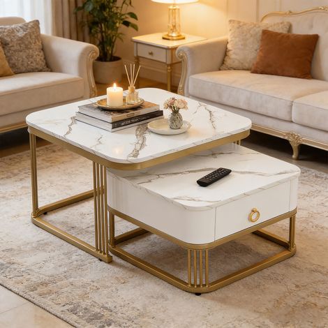 Lot de 2 tables gigognes carrées 50-60 cm effet marbre blanc et doré (1/5)
