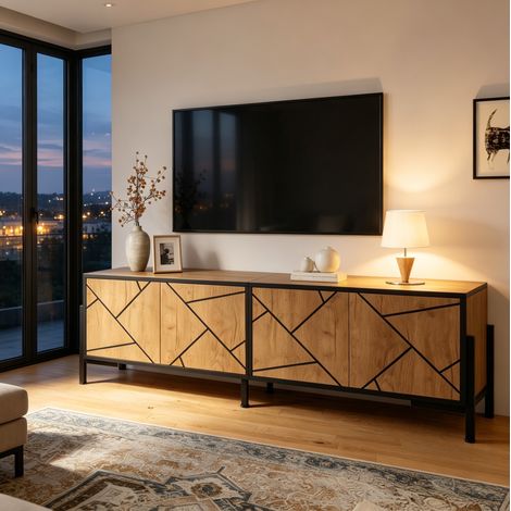 Mobile TV 153 x 40 x 50 cm, 4 ante, MDF, legno naturale e linee nere DESVIAE (1/5)