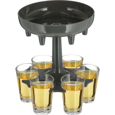 Schnapsspender und Halter mit 6 Gläsern - 13 x 12 cm - Shot Dispenser Likör Schuss Schnaps Spender und Glas Halter