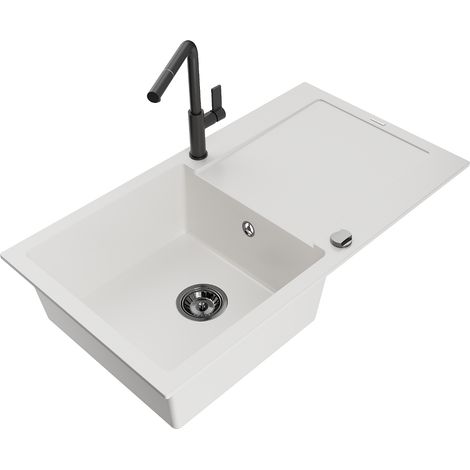 Mexen Leo lavello in granito 1-vasca con scolapiatti e rubinetto da cucina Flora, bianco - 6501-20-670401-70-B (1/5)