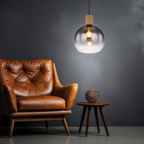 Pendelleuchte Esstisch Holz Esstischlampe Industrial Esszimmerlampe Hängeleuchte, Metall Glas rauch, 1x E27 Fassung, DxH 25x120 cm