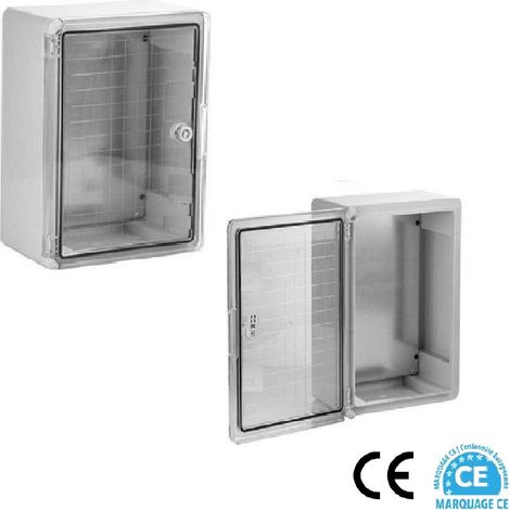 Coffret électrique étanche 350 x 250 x 150 mm IP65 – Porte translucide en polycarbonate – Plaque de fond pleine en tôle galvanisée – Fixation murale incluse