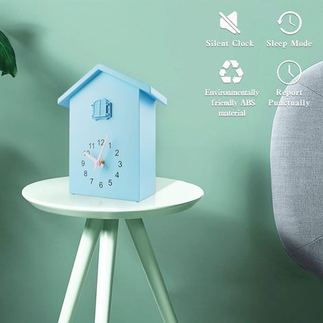 Horloge à coucou, chant du coucou, horloge design à pendule, nichoir, décoration murale, salon, cuisine, bureau (bleu) (1/4)