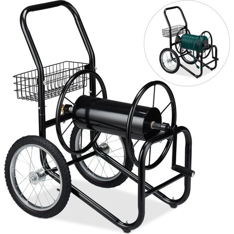 Relaxdays Hose Cart, Portable, for 90 m Garden Hosepipes, 2 Wheels, Metal, Mobile Trolley, for Lawn Watering, Black (1/5)