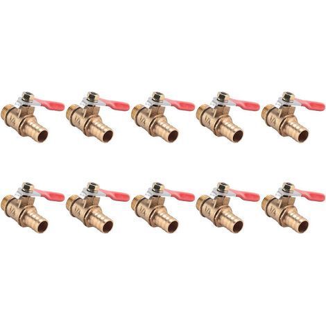 Lot de 10 vannes à bille en laiton à passage intégral, filetage mâle PT 10 mm x 1/4 pouce, avec poignée à levier et embout cannelé.