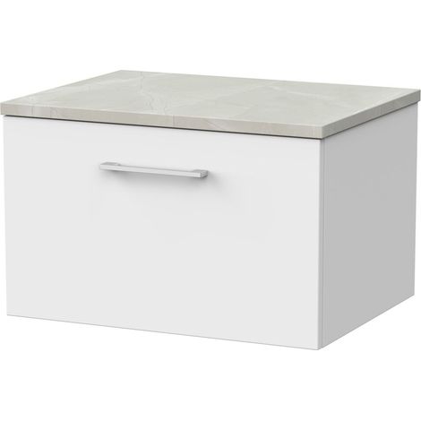 Pershall Contemporary Wall Hung 1 Drawer Vanity Unit with Marble Plaster Laminate Worktop, 600mm, Matt White