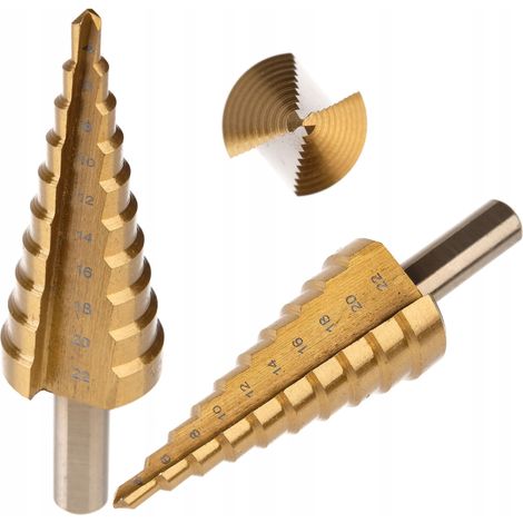 Broca escalonada c贸nica 4-22 mm HSS de titanio para metal, madera, pl谩stico (1/5)