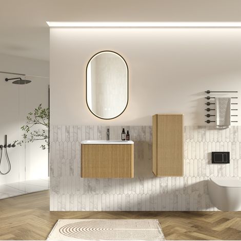 Ensemble salle de bain 60 cm en bois couleur chêne, avec rangement, style moderne FloraGrace (1/5)