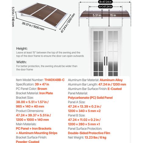 VEVOR Awnings for Door Entrance, 37 x 47 in, Exterior Front Door Window Awnings with Drainage & ABS Bracket, Rain Snow Sun Protection, Overhang Polycarbonate Door Canopy for Porch Patio, Brown (1/4)