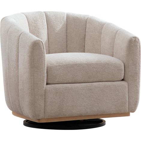 Fauteuil pivotant en chenille beige avec base métallique ronde, forme citrouille, pour salon et chambre (1/5)
