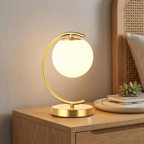 LED Lampe de table design moderne et luxueuse, en verre blanc avec structure en iron courbé finition platine doré, style rétro élégant pour chambre salon