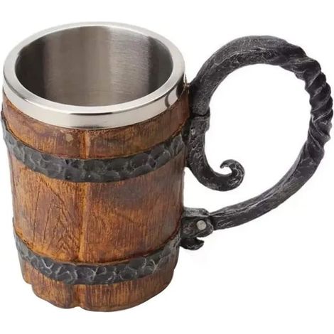 Gobelet à bière en bois simulé, tasse en acier inoxydable imitation baril en bois à double paroi, chope à bière créative (1/5)
