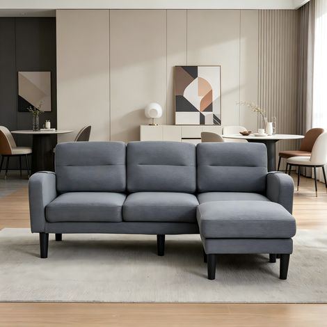DESMIU Canapé D'angle Canapé Modulable 3 Places avec Poches Latérales et 10 Pieds en Tissu Gris 204 × 136 × 80 cm (1/5)