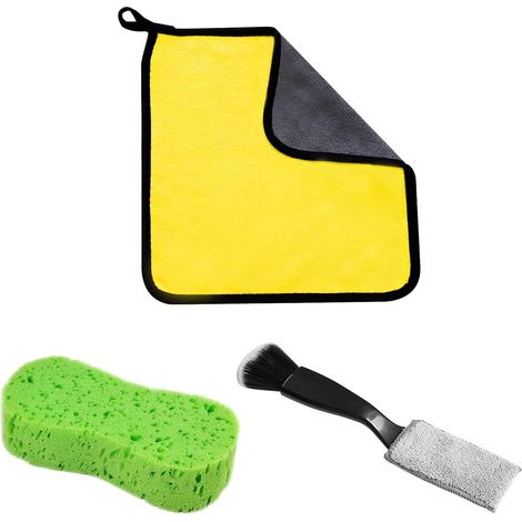 3 x Car Interior Cleaning Kit, Microfibre Cloth and Sponge Car Cleaning Brushes, Auto Detailing Brush for Seats, Dashboard, and Vents - Black (1/5)